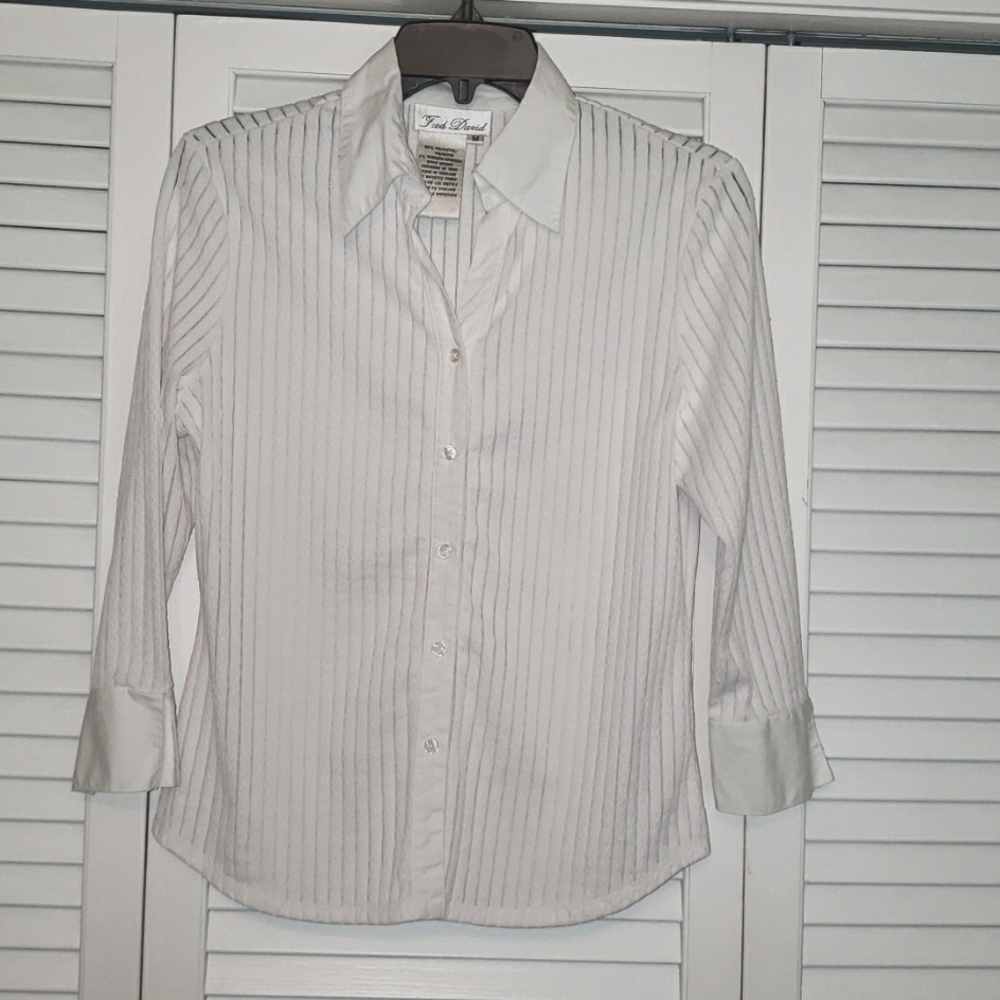 Fred David Long Sleeve White Striped, Partly Sheer, Cuff,  Collared Button Down